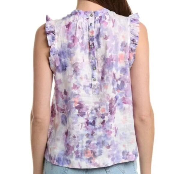 BELLA DAHL TOP WOMENS SIZE LARGE FLORAL LINEN MOCK NECK RUFFLE BLOUSE PURPLE NEW - Picture 2 of 13